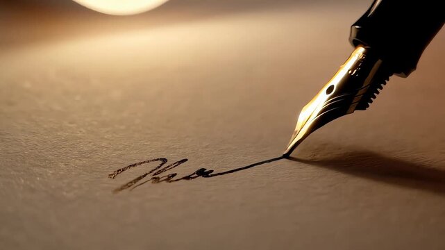 Close up of elegant gold fountain pen writing signature on paper