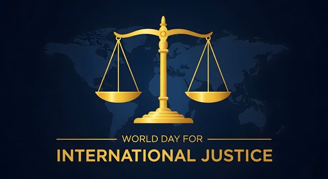 World day for international justice gold scales logo on dark blue background