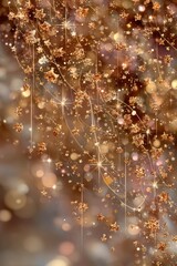 Naklejka premium Glittering gold light background with star shapes, bokeh and delicate hanging sparkles for festive, luxurious visuals