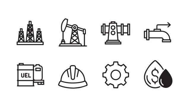Oil and Gas Industry Icons: Drilling Rigs, Pumpjack, Valves, Fuel, Helmet, Gear, Dollar Drop