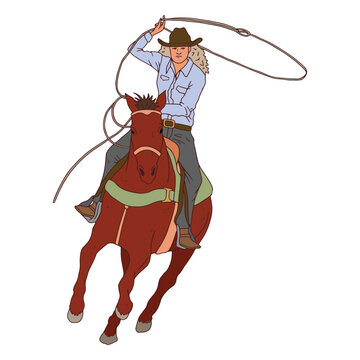 Cowboy on a horse with a laso color stroke
