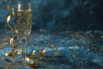 Naklejka premium Elegant champagne glass with golden bubbles and ribbons for celebration and party decor