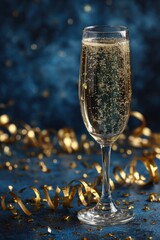 Naklejka premium Champagne glass with golden bubbles and festive ribbons for celebration and party moments