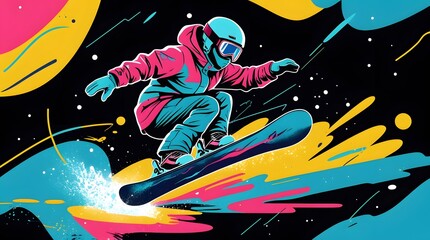 Stylized Neon Colored Snowboarder Sticker in Retro Futurist Style
