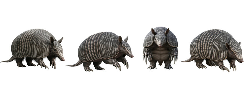Collection of four armadillo mammals in different poses isolated on a white background.