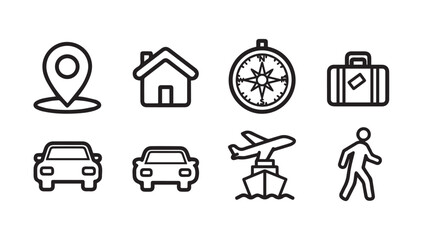 Fototapeta premium Travel Icons Set: Location, House, Compass, Suitcase, Cars, Plane, Ship, Person