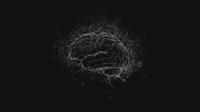 3D rendered image of a digital human brain surrounded by scattered particles against a dark background viewed from the left side in a conceptual neural data scene