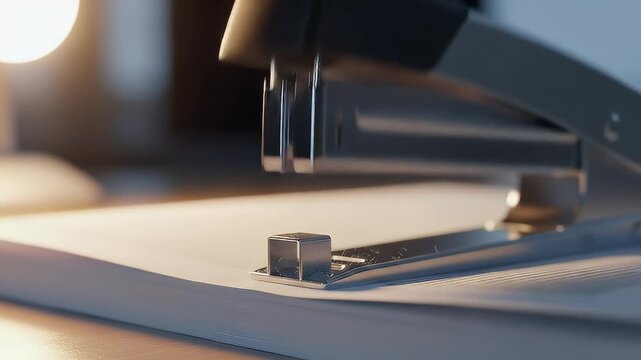 Close-up of a stapler in action, fastening documents on an office desk under warm, ambient light, symbolizing organization and administrative tasks.