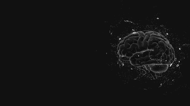 Side view of a digitally rendered human brain with surrounding explosive particles floating in space creating a tech-inspired neural visualization on black background