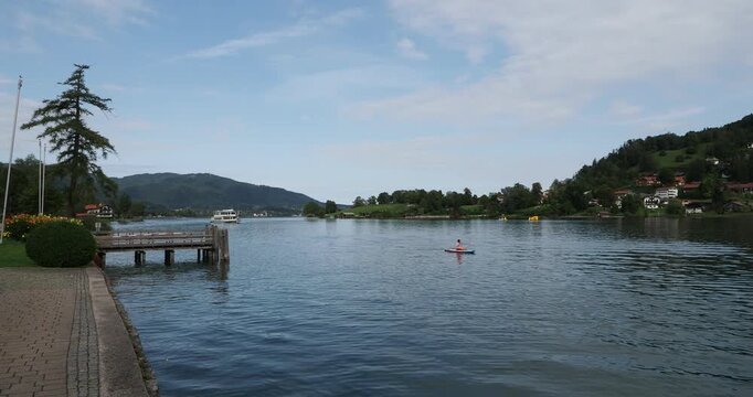 Boarding pontoon on the edge of Rottach-Egern Bay 'Egerner Bucht' facing Tergensee Lake and the western shore bordering the town of Tergensee 'Kleiner Paraplui' and Leeberg
