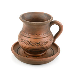 Rustic Clay Mug with Saucer Featuring Geometric Patterns Isolated on White Background
