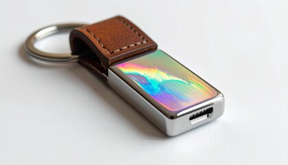Iridescent metallic USB flash drive with leather loop and keyring symbolizing stylish data storage functionality and modern design