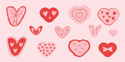 Hand drawn heart set with decorative element, bow. Pack for Valentine's day, love web design. Vector illustration