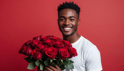 Portrait of a smiling african american man holding bouquet of red roses isolated over red background
