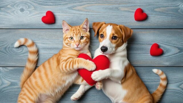 Cute dog and cat holding a red heart on a wooden floor. Adorable puppy and kitten lying together for Valentine's Day. Pet friendship concept