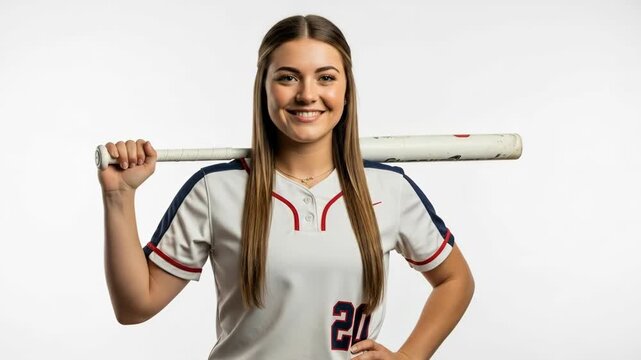confident caucasian softball player holding bat behind neck. young female athlete in uniform posing on white background. sport promotion, team profile concept.