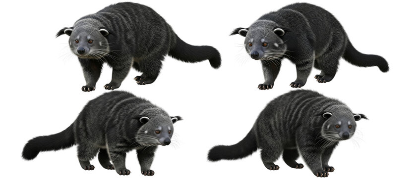Collection of four binturong bearcats in monochrome isolated on a white background.