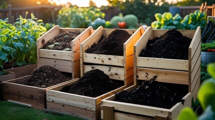 Sustainable organic gardening: Fresh waste transforming into rich finished compost in a multi-bay wooden bin.