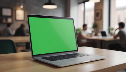 Laptop with green screen on wooden table in cafe