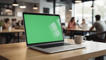 Laptop with Green Screen Mockup in Modern Cafe