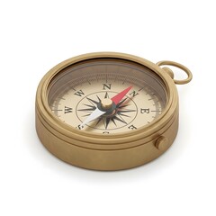 3D isometric vintage brass navigational compass icon, stylized antique pocket compass for travel, adventure, and exploration isolated on white background.