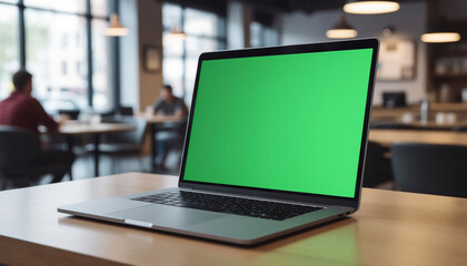 Laptop with green screen on wooden table in cafe