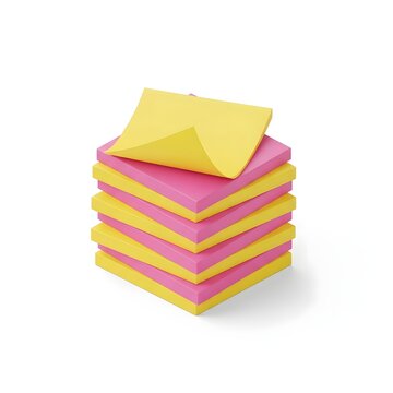 3D isometric stack of yellow and pink sticky notes icon, colorful square post-it note pad with curled corner for office and organization isolated on white background.