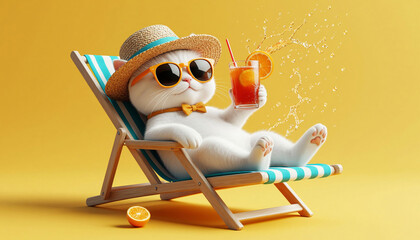 Funny white cat in sunglasses and straw hat with a cocktail in a deck chair on a yellow background