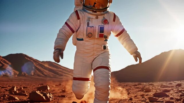 astronaut running on red mars surface with rocky mountains. space colonization and exploration mission. futuristic science fiction adventure. technology, astronomy background.
