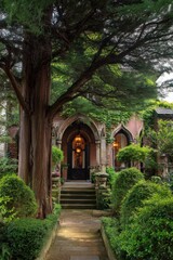 Obraz premium Large tree stands beside the path leading to a brick building with a stone entrance and garden shrubs during the day in a residential area