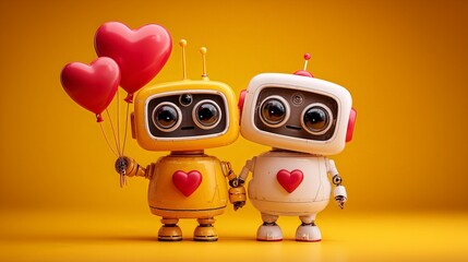 Cute robots holding heart balloons on yellow background