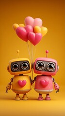 Cute robots holding heart balloons on yellow background