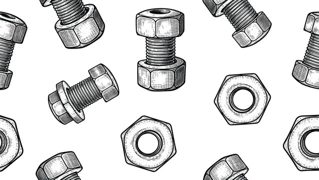 Seamless pattern of bolts and nuts, industrial mechanical vector artwork