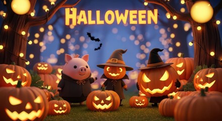 A spooky halloween scene with cartoon characters and pumpkins.