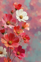 Fototapeta premium Delicate cosmos flowers on a pink pastel background with soft bokeh and vibrant petals