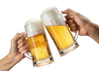 Two hands making a toast with beer mugs isolated on a transparent background.