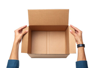 Two hands open empty brown cardboard isolated on a transparent background.