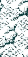 crane bird abstract japanese chinese seamless vector pattern ink design 