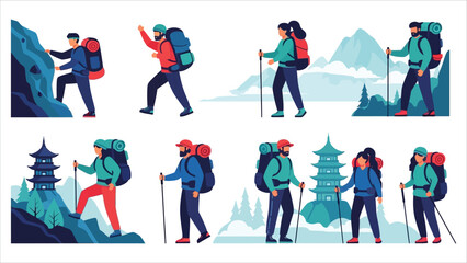 Fototapeta premium Vector Illustration Set of Hikers and Climbers in a Flat, Modern Style