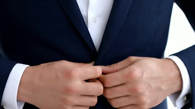 Medium close up of a man buttoning his navy suit jacket indoors.