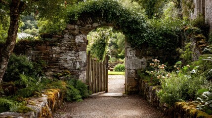 Naklejka premium Serene entryway: stone arch wall and gate opening into a lush courtyard