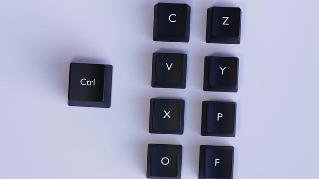 4K 3D Video Animation Ctrl Key Surrounded by Common Shortcuts (Copy, Cut, Paste, Undo, Redo, Find, Open, Print), Keyboard Productivity and Computing Efficiency Concept on Light Gray Background