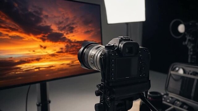 Professional camera setup in a studio with a monitor displaying a vibrant sunset scene.