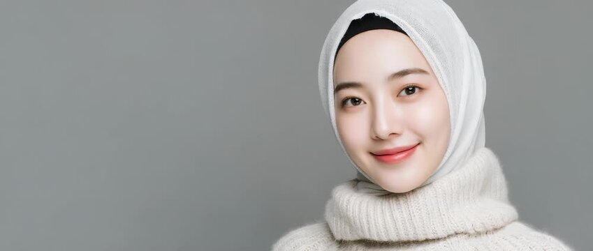 A beautiful young Korean woman wearing a white hijab and cozy cream turtleneck sweater, elegant and friendly expression, modest fashion concept on grey background.