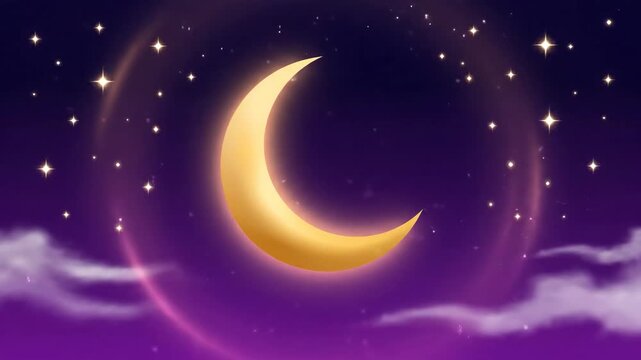 Dreamy crescent moon and sparkling stars animation against a soft purple night sky with gentle clouds