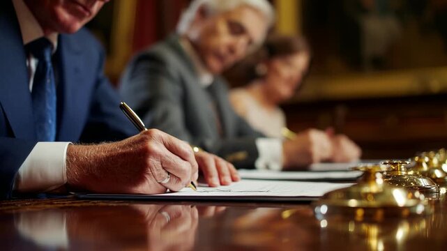 Senior statesman signing document. Formal meeting, authority, decision making. Male hand with pen, focus on details. Political leadership, legislation process.