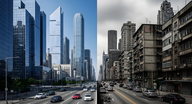 City Divided by Sharp Contrast Between Modern Wealth and Urban Poverty, Social Inequality Concept