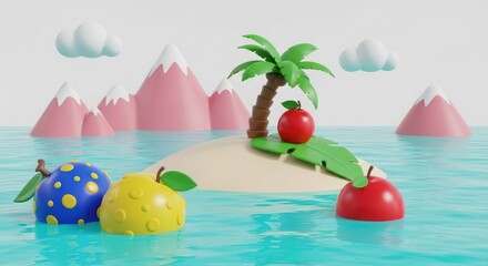 A serene island scene with colorful fruit floating in the water and a palm tree on the shore.