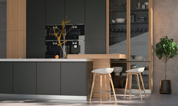 Modern interior of kitchen with living room. 3d render