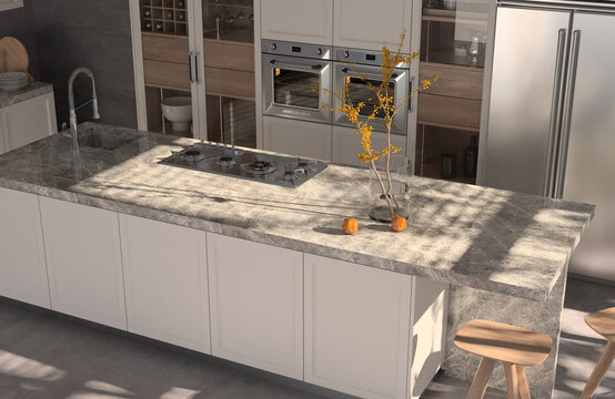 Modern interior of kitchen with living room. 3d render